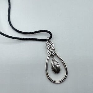 Brighton Black Braided Leather Necklace With Silver Celtic Knot Pendant & Adjust